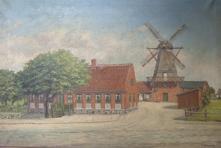 Bagergaarden, som den så ud inden møllen brændte i 1934. Affotografering af maleri af JLP Johansen. Datering: sansynligvis i perioden 1920-1933.