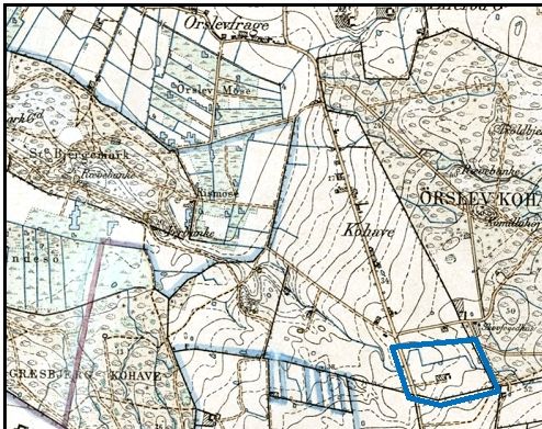 Ved udskiftningen af Ørslev Kohave i 1810 fik Annexgården den lod der er markeret på dette ældre kort fra 1890. Marklodden blev senere udskilt til et selvstændigt landbrug og fik matrikelnummer 4b. Geodatastyrelsen.
