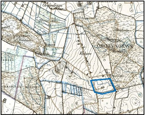 Ved udskiftningen af Ørslev Kohave i 1810 fik Annexgården den lod der er markeret på dette ældre kort fra 1890. Marklodden blev senere udskilt til et selvstændigt landbrug og fik matrikelnummer 4b. Geodatastyrelsen.