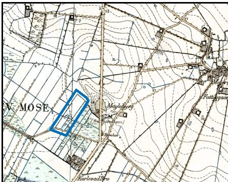 Da Ørslev Enghave bliver udskiftet i 1852 får Annexgården den moselod som ses markeret her på kortet fra 1890. Matrikelnummer 87ö. Den er senere blevet frasolgt. Geodatastyrelsen.