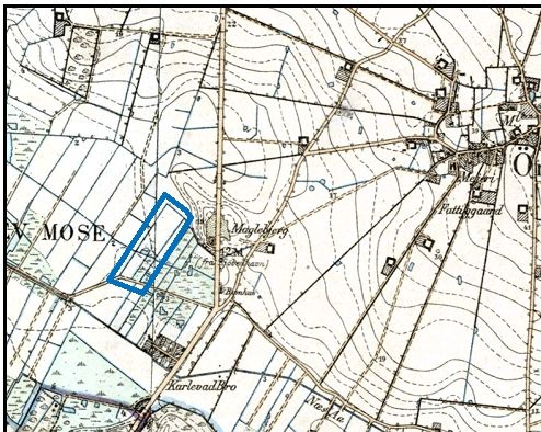 Da Ørslev Enghave bliver udskiftet i 1852 får Annexgården den moselod som ses markeret her på kortet fra 1890. Matrikelnummer 87ö. Den er senere blevet frasolgt. Geodatastyrelsen.