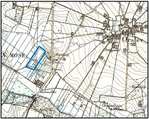 Da Ørslev Enghave bliver udskiftet i 1852 får Annexgården den moselod som ses markeret her på kortet fra 1890. Matrikelnummer 87ö. Den er senere blevet frasolgt. Geodatastyrelsen.