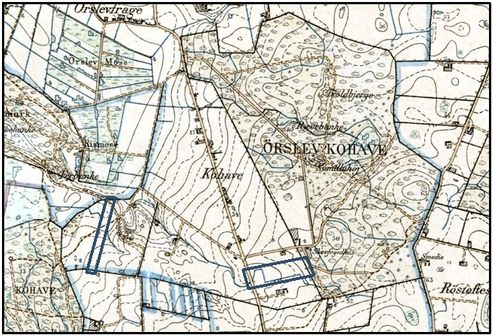 Ørslev Kohave var oprindeligt et fælles græsningsoverdrev for Ørslev, men i 1810 blev Kohaven udskiftet. Gårdene fik tildelt enten en eller to lodder. De to lodder som Skebækgården fik tildelt er markeret på dette ældre kort.