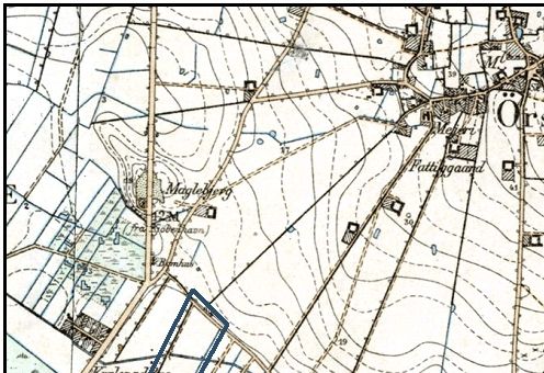 I 1852 blev Ørslev Enhave udskiftet. Skebækgården fik den lod som er markeret på dette ældre kort.