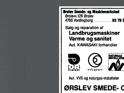 Annonce for Ørslev Smede og Maskinværksted i Lokaltelefonbogen for Vordingborg 1988.