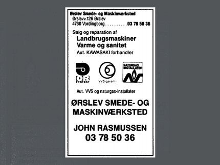 Annonce for Ørslev Smede og Maskinværksted i Lokaltelefonbogen for Vordingborg 1988.